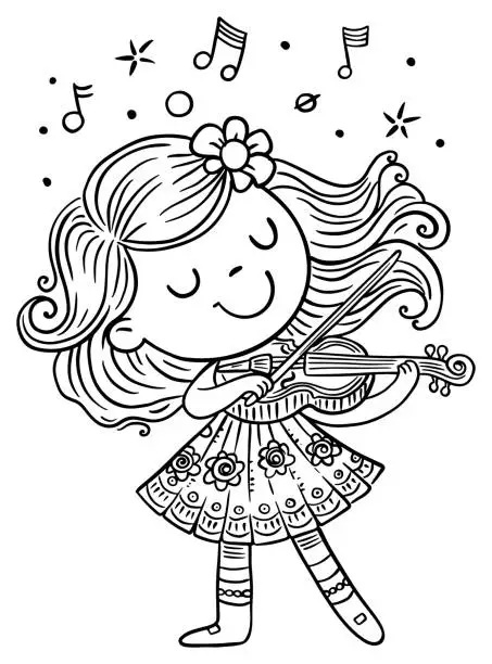 Vector illustration of Cute cartoon girl plays music on the violin while standing on stage. Outline vector illustration. Coloring book page for kids