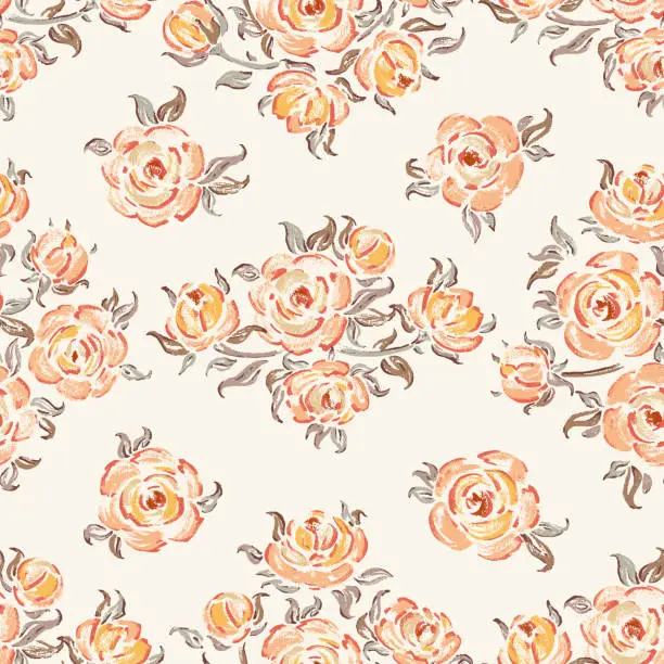 Vector illustration of Seamless Pattern of Yellow Roses. Rose Flower. Flowers and Leaves. Vintage Floral Background. Vector illustration