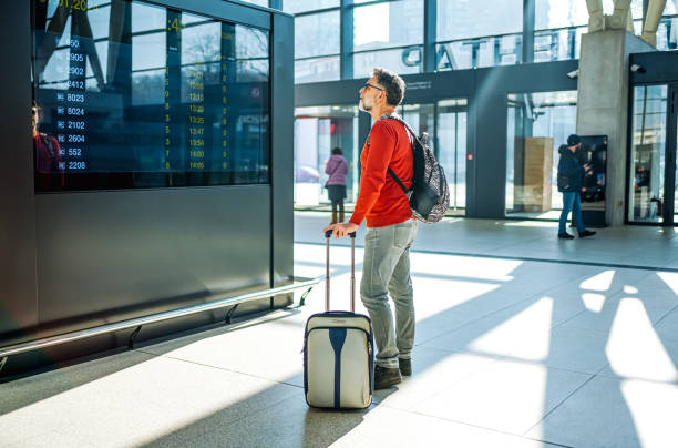 Passenger looking at timetable board in a railroad station