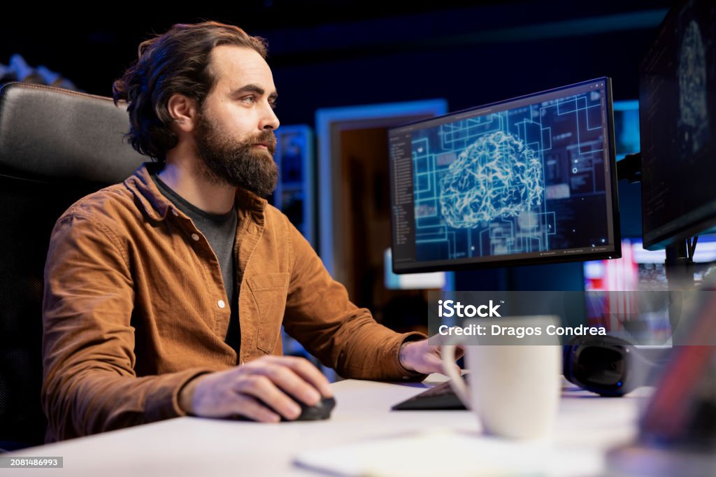 Software Developer Using Computer For Artificial Intelligence Computing ...