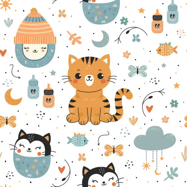 Vector illustration of Seamless baby pattern with cute kitties, animals. Lots of baby drawn elements. Scandinavian style.