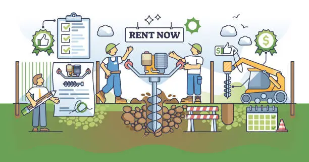Vector illustration of Post hole digger rental service for land drilling tasks outline concept