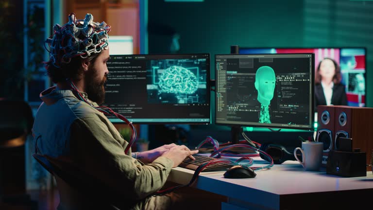 Man using neuroscientific device to transfer consciousness, typing code