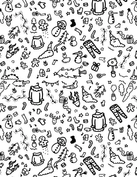 Vector illustration of Printmaking style Cartoon Christmas seamless pattern, Fun Xmas Knick Knack, Graphic pencil line sketch drawing, trees, herbs and leaves, winter fashion design for textile, fabric, clothes and wrapping, coloring book page
