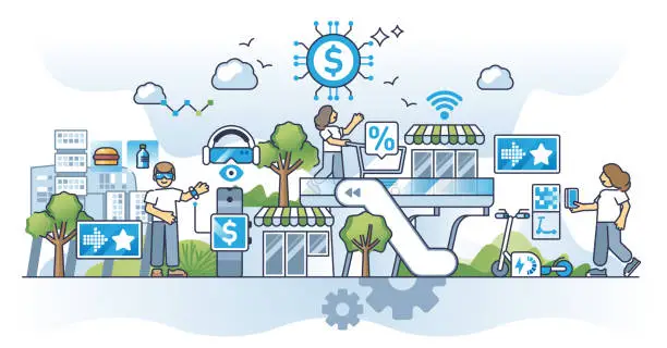 Vector illustration of Future of retail and modern customer shopping experience outline concept