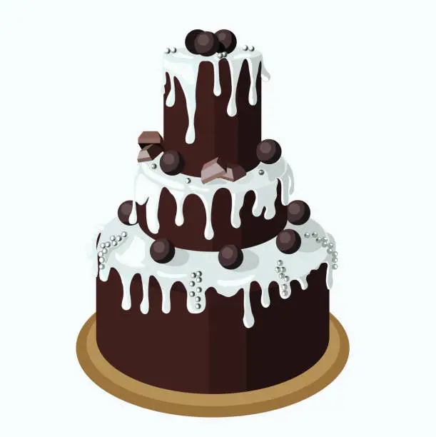Vector illustration of Large three-tiered brownie chocolate cake garnished with white gonache, chocolates and silver sugar balls. Vector stock illustration isolated on