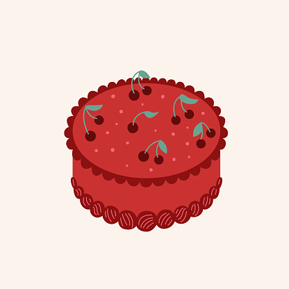 Red velvet cake with cherry. Vector flat illustration on isolated background. Cute bento cake for holiday, birthday party, celebration, valentine's day