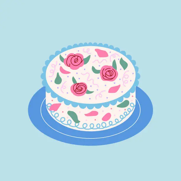 Vector illustration of Wedding cake with roses on a plate