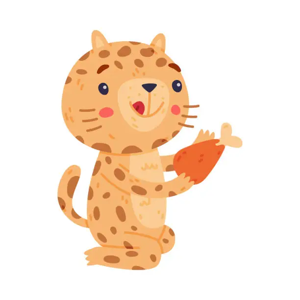 Vector illustration of Cute Little Jaguar with Spotted Fur Licking with Chicken Leg Vector Illustration