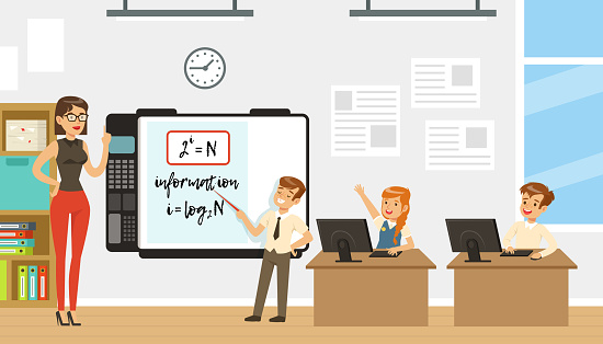 School Children at Informatics or Programming Lesson with Teacher Vector Illustration. Boy and Girl Pupils Engaged in Primary Education with Computer Concept