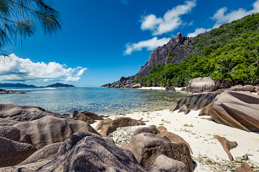 awesome paradise beach at la digue island, seychelles, indian ocean islands.