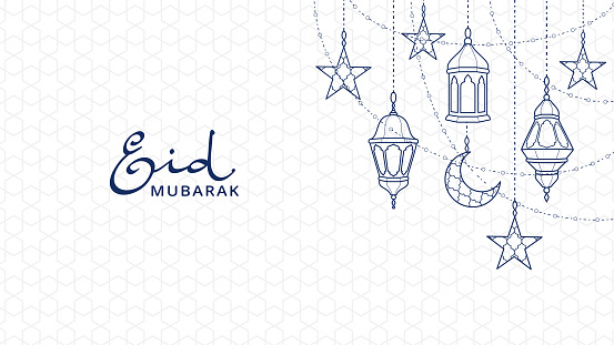 Ramadan or Al-adha line decoration, celebration background. Hanging lanterns, crescent, stars. Muslim holidays ornaments, lamps. Islamic geometric pattern. Eid arabic style calligraphy. Vector