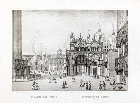 South view of Basilica di San Marco and Campanile in Venice from a series of 5 aquatint etchings by Antonio Lazzari published in 1835