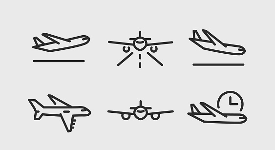 6 black line symbols representing planes and flight elements for promotional materials, SMM. Vector Illustration