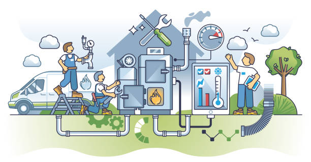 炉の修理と専門的な暖房システムのメンテナンスの概要コンセプト - plumber thermostat repairing engineer点のイラスト素材／クリップアート素材／マンガ素材／アイコン素材