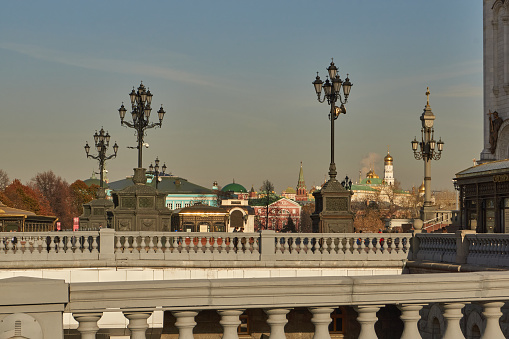 Moscow Russia - october, 25, 2014: View of the Moscow Kremlin from the Patriarchal Bridge. Panorama of the Moscow Kremlin.