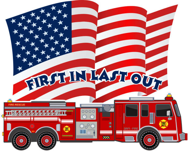 istock Illustration of a firefighter car and USA flag 2081569944