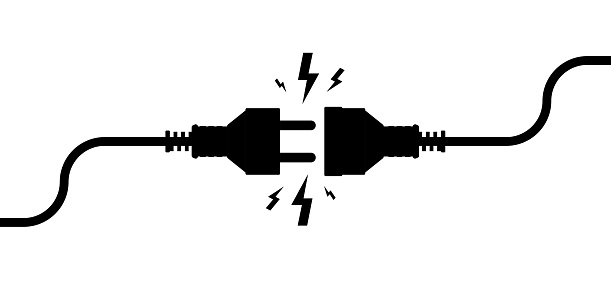 Electric Socket with a Plug. Wire plug and socket. Connection or disconnection electricity. Concept 404 error. Cable of energy disconnect. Vector illustration