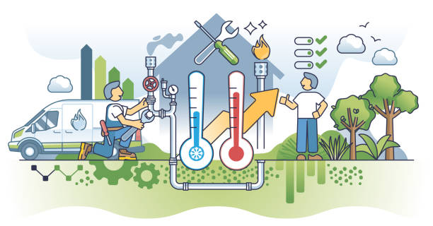 ilustrações, clipart, desenhos animados e ícones de reparo de forno e manutenção de hvac como conceito de esboço de serviço de encanador - water heater gas boiler furnace broken