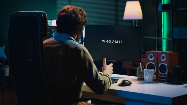 istock Concept of artificial intelligence becoming self aware, greeting man 2081603835