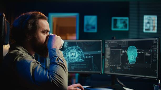 istock Programmer drinking coffee interrupted by awaken AI gaining consciousness 2081610406