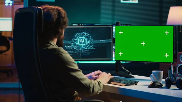 istock AI becoming sentient, asking existential questions, green screen computer 2081611981
