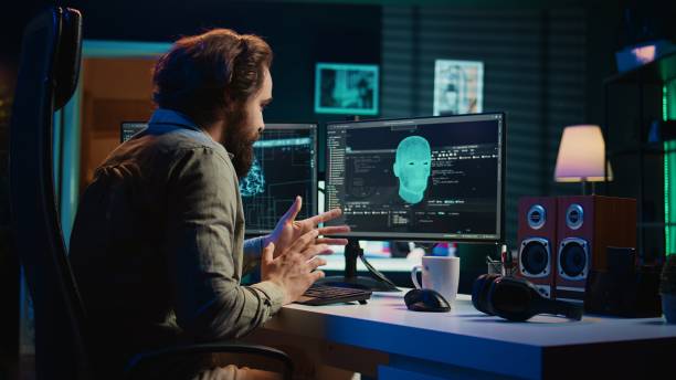 istock Pleased man proud of making sentient artificial intelligence ask questions 2081614635