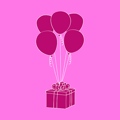 A pink background featuring a colorful present and festive doodle hand-painted balloons. The balloons are floating above the present, creating a fun and celebratory scene