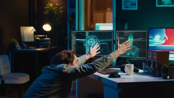Photo of Crazy computer scientist doing worshiping reverence in front of self aware AI