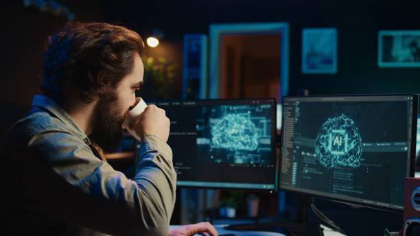 istock Programmer being asked existential questions by awaken AI gaining consciousness 2081626744