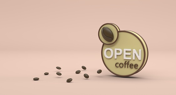 Open cafe, enter, open establishment sign, coffee shop, coffee beans (3d illustration)
