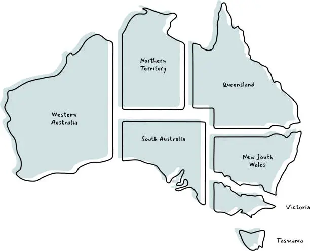 Vector illustration of A labeled map of Australian states.