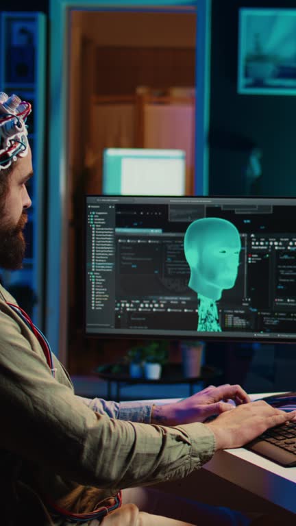 Vertical video Computer engineer starting mind upload process using green screen PC