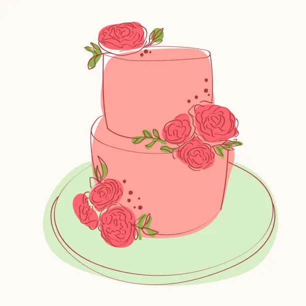 Vector illustration of Two layer pink cake with roses