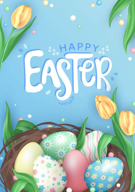 istock Easter greeting card with colorful painted Easter eggs, tulip flowers and confetti 2081692680