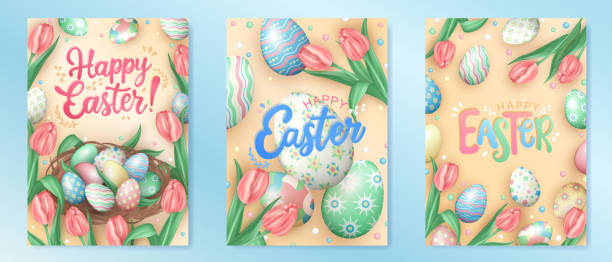 ilustrações de stock, clip art, desenhos animados e ícones de collection of happy easter pink greeting cards or posters with colorful painted easter eggs, realistic spring flowers (tulips), nest with 3d pastel colored eggs and glossy confetti for celebration. - easter traditional culture backgrounds basket