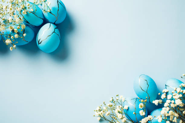 istock Elegant Easter eggs with white flowers on pastel blue background. Flat lay, top view, copy space. 2081697447