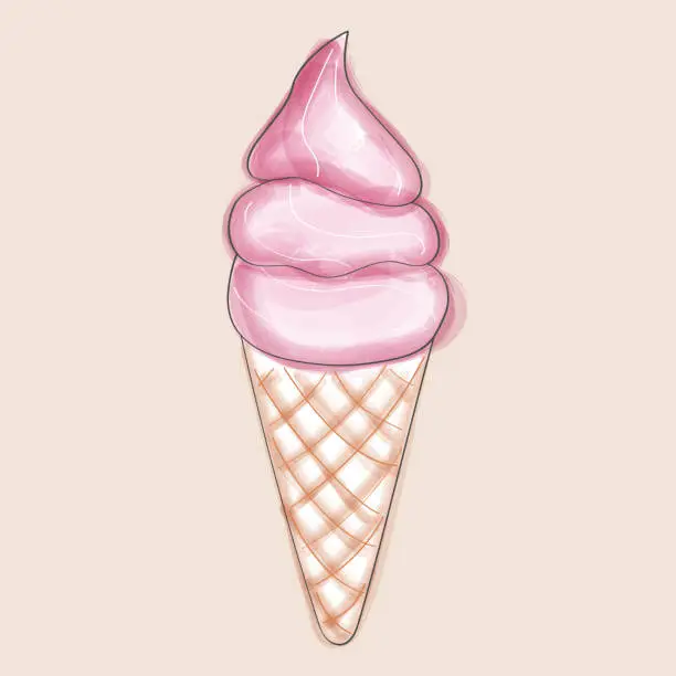 Vector illustration of Pink ice cream in waffle cone