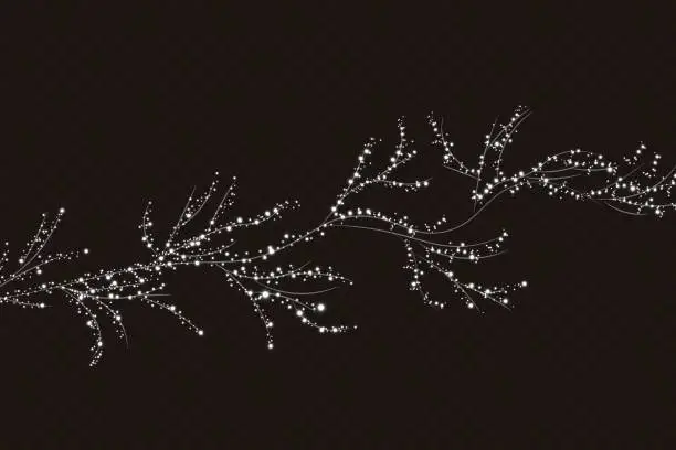 Vector illustration of Holiday decor element in the form of a glowing white sakura branch. Abstract glowing dust. Christmas background made of luminous dust. Vector png. Floating cloud of holiday bright little dust