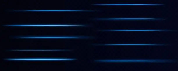 Vector illustration of Horizontal light rays, flash blue horizontal lens flares pack, speed laser beams, glow blue line motion on transparent background, beautiful light flare, bright glare, vector illustration, eps 10