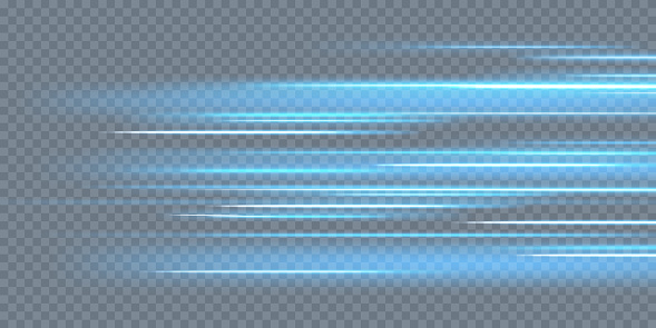 Horizontal light rays, flash blue horizontal lens flares pack, speed laser beams, glow blue line motion on transparent background, beautiful light flare, bright glare, vector illustration, eps 10