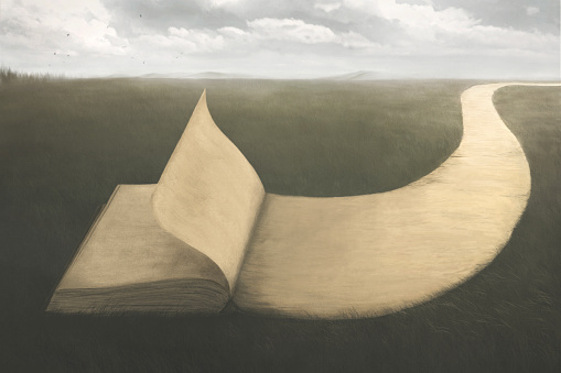 Illustration of book that becomes a road, wisdom surreal concept