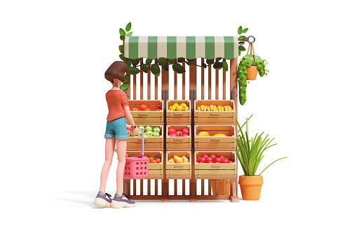 Cute kawaii colorful girl holds basket buys fruits at street market stand, apples, pears, bananas, oranges tangerines, melons, pomegranates, green plants. Front view. 3d render isolated white backdrop