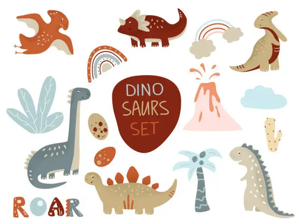 Vector illustration of Collection of cute baby dinosaurs.