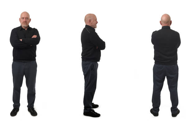 group of same man on white background - back to front rear view men people ストックフォトと画像