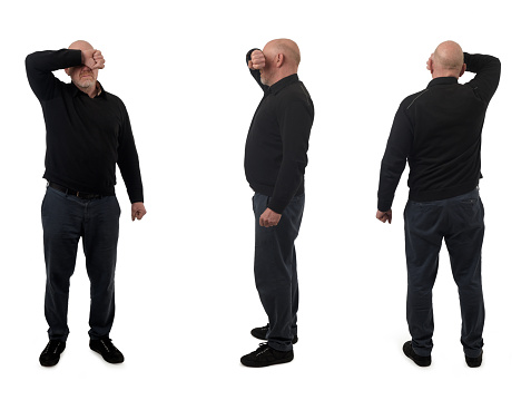 side, back and front view of same man covering her face with her arm on white background