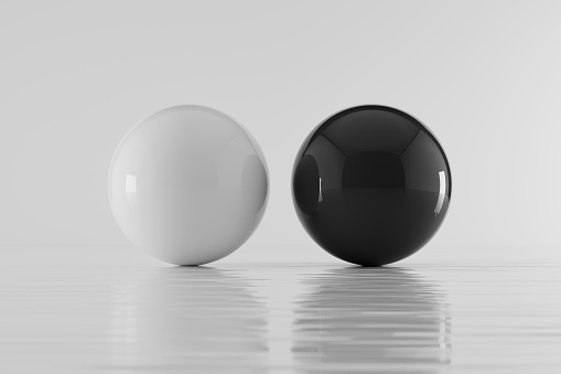 Two spheres on water, mental health concept. Digitally generated image. 3d render.
