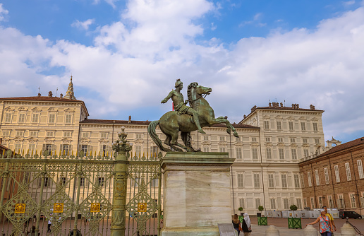 Turin, Italy- August 2, 2023: The entrance of  Royal Palace of Turin. The Royal Palace of Turin is a historic palace of the House of Savoy in the city of Turin in Northern Italy.