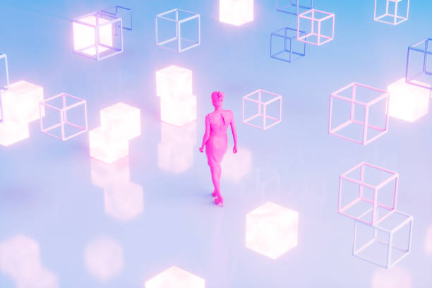 istock Woman walking in metaverse, futuristic technology background 2081763874