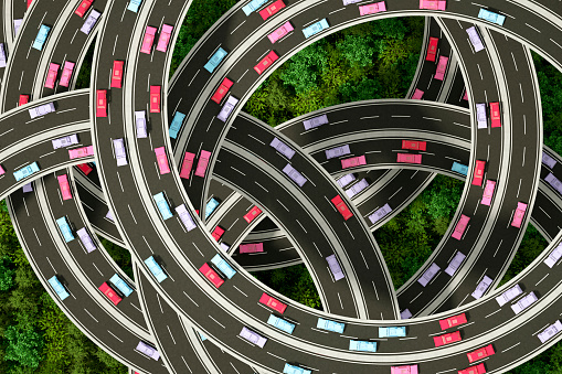 Autonomous, self driving, driverless, connected car on the highway. Digitally generated image. 3d render.